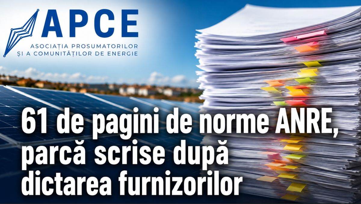 APCE: Legea Prosumatorului de o jumătate de pagină, îngropată în 61 de pagini de norme, parcă scrise după dictarea furnizorilor